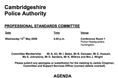 Agenda for Cambridgeshire Police Authority's Professional Standards Committee on the 13th of May 2009