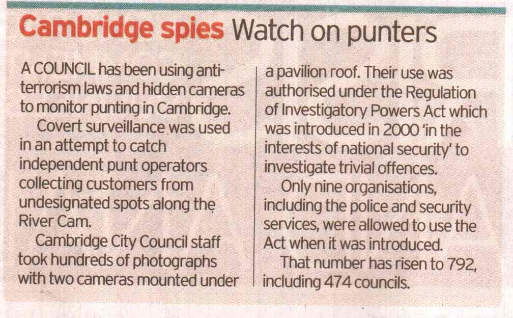 A council has been using anti-terrorism laws to monitor punting in Cambridge...