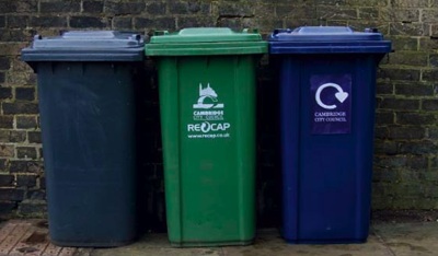 The Black, Blue, and Green bins in use in Cambridge  