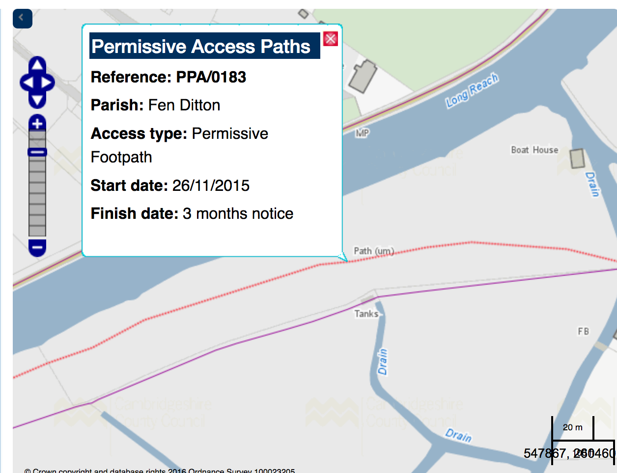 Map showing path as permissive access with label reference for the path PPA/0183