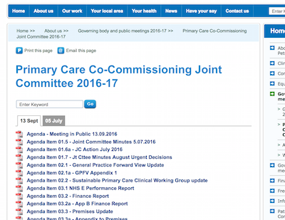 Screenshot of Cambridgeshire and Peterborough Primary Care Co-Commissioning Joint Committee 2016-17 webpage