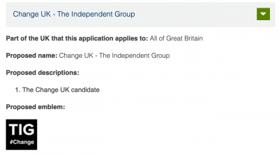 Screenshot of "Change UK - The Independent Group" application for party name registration from the Electoral Commission website. Source: https://www.electoralcommission.org.uk/i-am-a/party-or-campaigner/guidance-for-political-parties/pending-registration-applications/current-applications