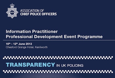 Screenshot from the Transparency in UK Policing event program, showing the title, date and ACPO logo 