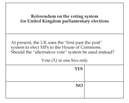 Do you want the United Kingdom to adopt the 'alternative vote' system instead of the current 'first past the post' system for electing Members of Parliament to the House of Commons? 