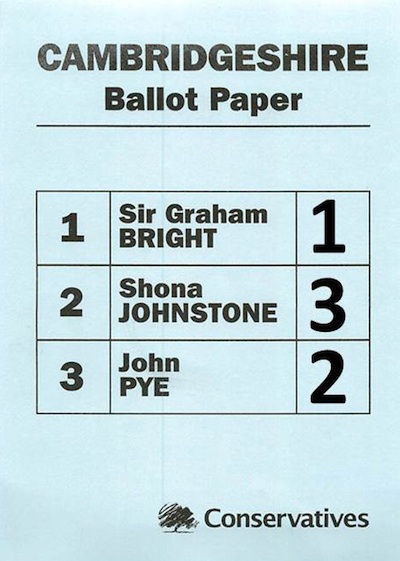 Cambridgeshire Conservative Police and Crime Commissioner Selection Ballot Paper 