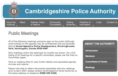 Screenshot of the Police Authority Public Meetings Page