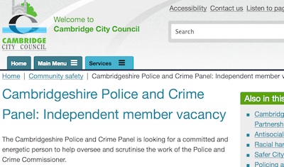Advert on Cambridge City Council website for the vacancy