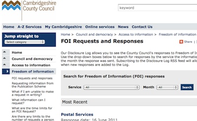 Screenshot of Cambridgeshire County Council's FOI Disclosure Log