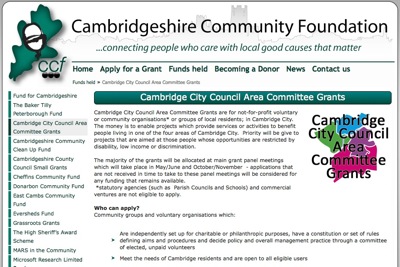 The Cambridgeshire Community Foundation Website is Advertising Cambridge City Council Community Development Grants