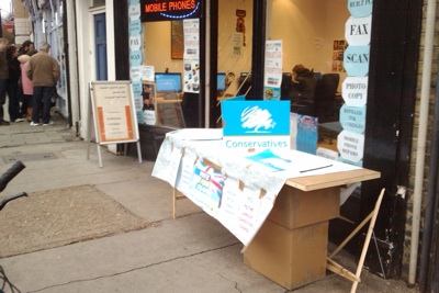 The Conservative stall at the Mill Road Winter Fair was unmanned. Neither the Liberal Democrats or Conservatives have a Candidate in Cambridge.  