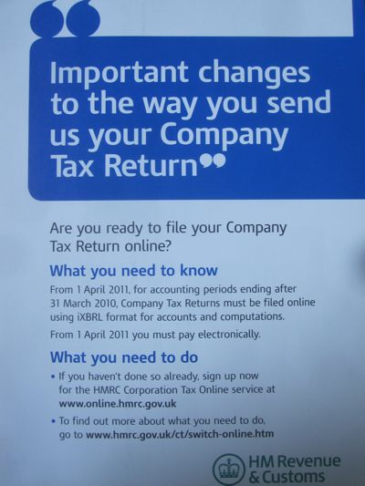 from the 1st of April 2011, for accounting periods ending after 31 March 2010 Company Tax Returns must be filed online using iXBRL format for accounts and computations. 