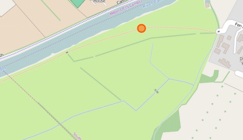 Open Street Map excerpt. Map of path showing a route in the riverside field