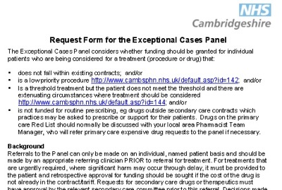 Cambridgeshire PCT Exceptional Cases Panel Application Form