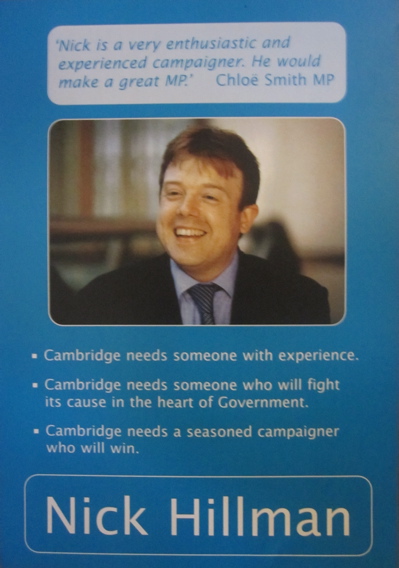 Front of Nick Hillman Flyer distributed at Cambridge Conservative Caucus. 