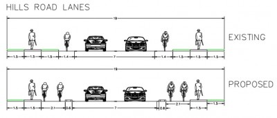 Plan of existing and proposed cycleways for Hills Road - Described in Article