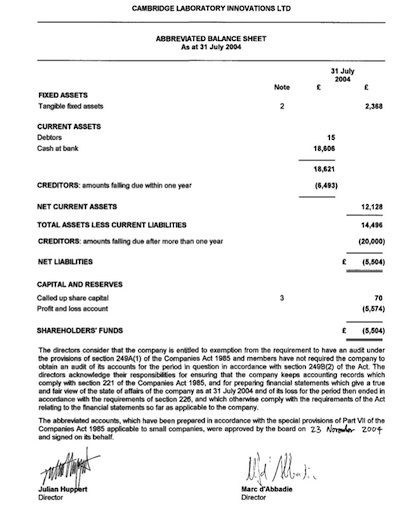 Accounts for Julian Huppert's Virgin Female Fruit Fly Business Cambridge Laboratory Innovations Ltd.