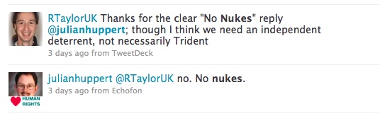 julianhuppert  @RTaylorUK I would scrap Trident. We don't need it, it costs too much and it weakens our moral authority with other countries.