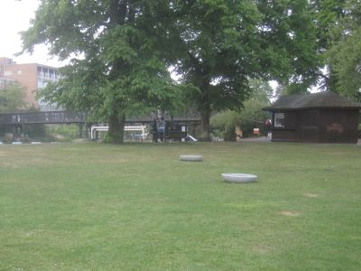 View of Jesus Green including Cantrill's Mushrooms and the Jesus Lock Bridge.