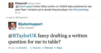 Julian Huppert MP offeres to table a written question on the lack of TASER use statistics. 