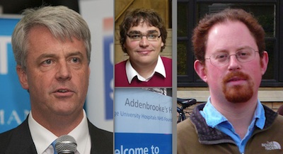 Cambridge City Councillor George Owers (centre) has secured a local debate on the future of the NHS to which Cambridge MPs Health Minister Andrew Lansley (Left) and Julian Huppert (right) will be invited.