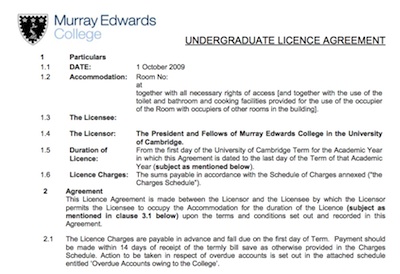 Murray Edwards College Cambridge  - Undergraduate Licence Agreement.