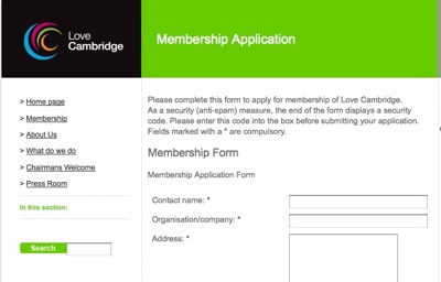 Screenshot of the Membership Application form for Love Cambridge