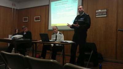 Sgt Jon Capes of Cambridgeshire police presenting a report on youth antisocial behaviour in Melbourn. 