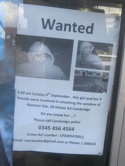 Wanted poster apparently produced by the Nasreen Dar shop on Histon Road 