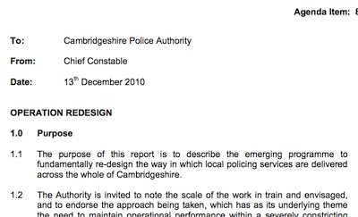 The Chief Constable's December 2010 Report to Cambridgeshire Police Authority Introducing Operation Redesign.