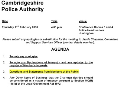Screenshot of the Cambridgeshire Police Authority Agenda for 110210 with the public speaking section highlighted in yellow