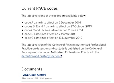 Screenshot of current versions webpage showing the 5 December 2014 version of PACE Code A as the current one