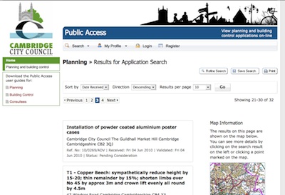Screenshot of Cambridge City Council's upgraded online planning web pages. 