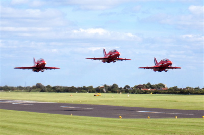 After lunch the Red Arrows took off again. Ten jets lined up on the runway, all left within seconds of each other, with three groups of three taking off simultaneously.