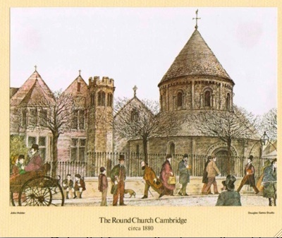 There are proposals to reinstate railings around the Round Church in Cambridge. Image shows church with railings in 1880. 