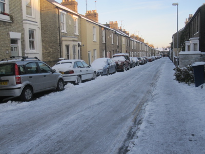 Searle Street is one of many Cambridge streets where both the road and pavements have been coved by a sheet of ice for many weeks this winter.