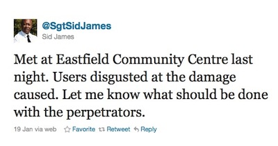 Met at Eastfield Community Centre last night. Users disgusted at the damage caused. Let me know what should be done with the perpetrators.