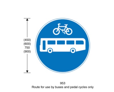 Round blue sign; cycle over a bus