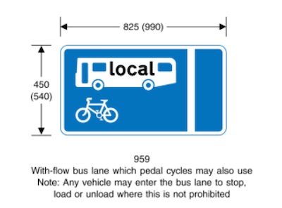 Blue sign showing a bus lane, with a cycle and bus symbol in the bus lane