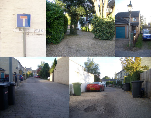 Montage of Photos of Thrifts Walk in Cambridge, showing the state of the road surface, the gas lamp and trees.