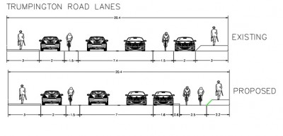 Plan of existing and proposed cycleways for Trumpington Road by the Botanic Gardens - description in the article