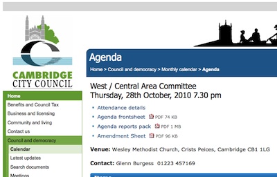 Cambridge City Council webpage for the Agenda for West / Central Area Committee on Oct 28 2010 7:30PM 